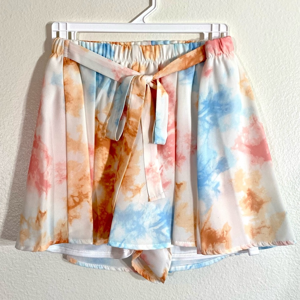 Pink, blue, ivory pastel gartered waistband w/tie belt detail tie-dye shorts. - Picture 2 of 16